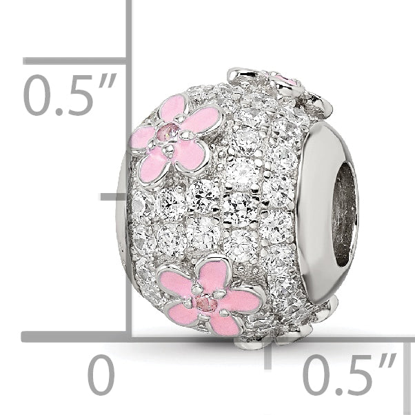 Sterling Silver Reflections Rh-plated CZ Bead with Pink Enameled Flowers