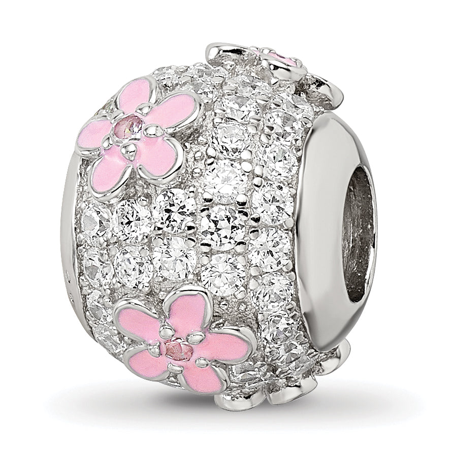 Sterling Silver Reflections Rh-plated CZ Bead with Pink Enameled Flowers