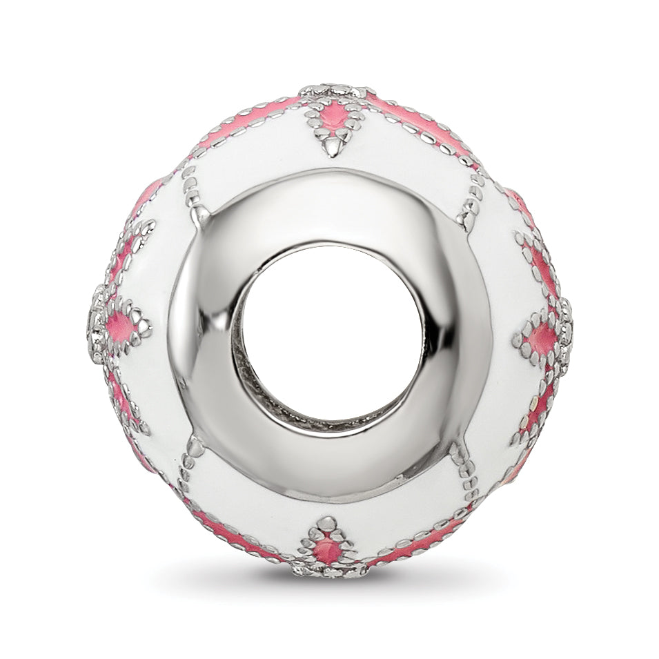 Sterling Silver Reflections Rh-plated CZ White & Pink Enamel Flowers Bead