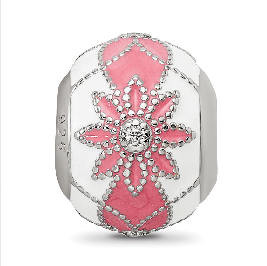 Sterling Silver Reflections Rh-plated CZ White & Pink Enamel Flowers Bead