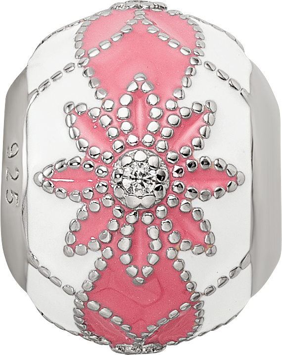 Sterling Silver Reflections Rh-plated CZ White & Pink Enamel Flowers Bead