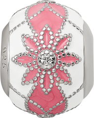 Sterling Silver Reflections Rh-plated CZ White & Pink Enamel Flowers Bead