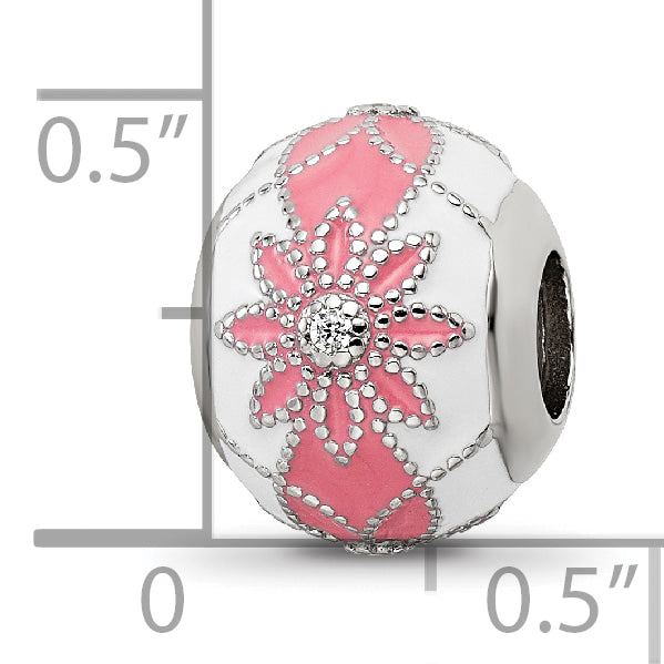 Sterling Silver Reflections Rh-plated CZ White & Pink Enamel Flowers Bead