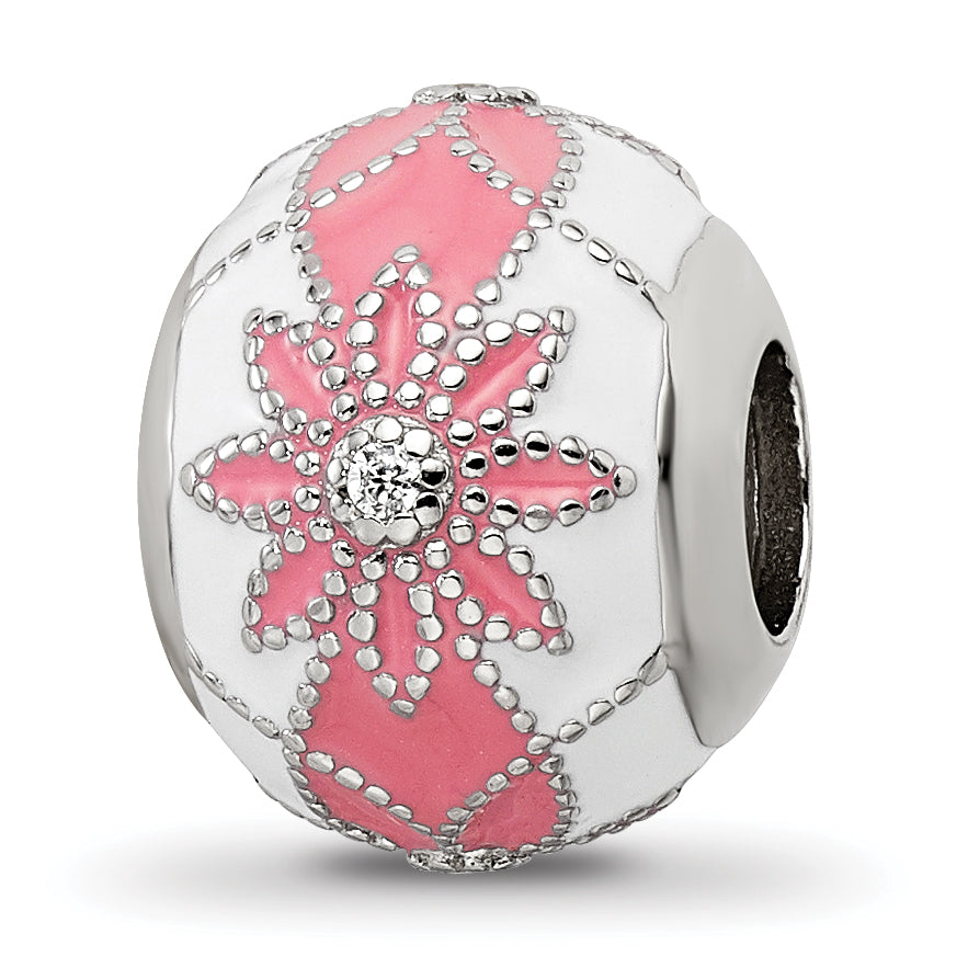 Sterling Silver Reflections Rh-plated CZ White & Pink Enamel Flowers Bead