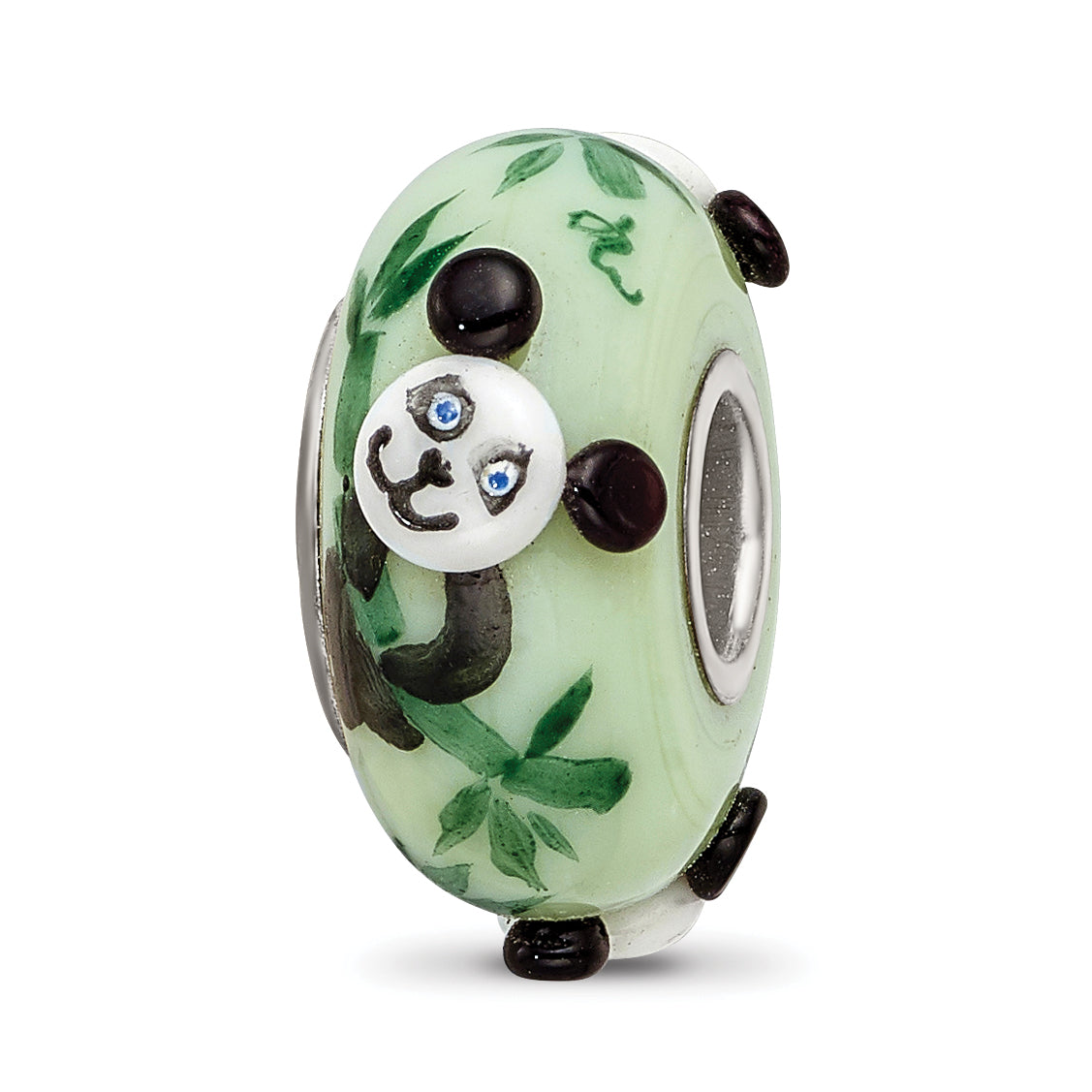 Sterling Silver Reflections Hand Painted Panda, Green Glass Bead