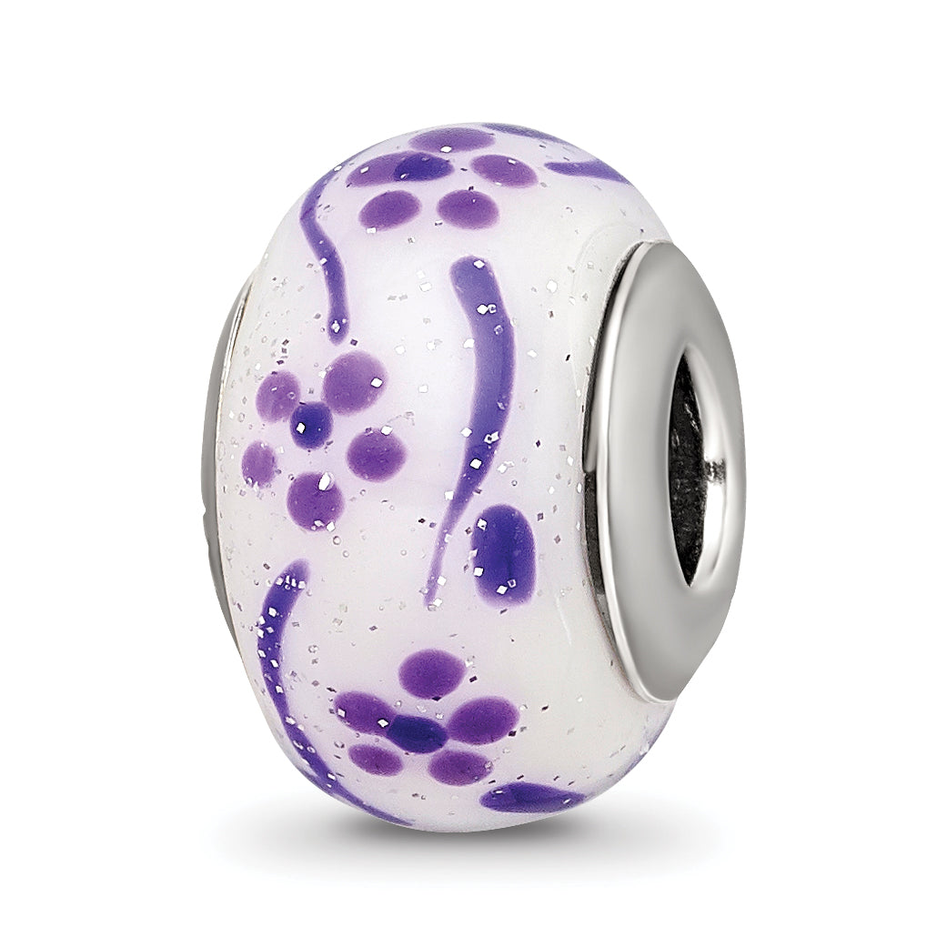 Sterling Silver Reflections Purple Glitter Flower Italian Glass Bead