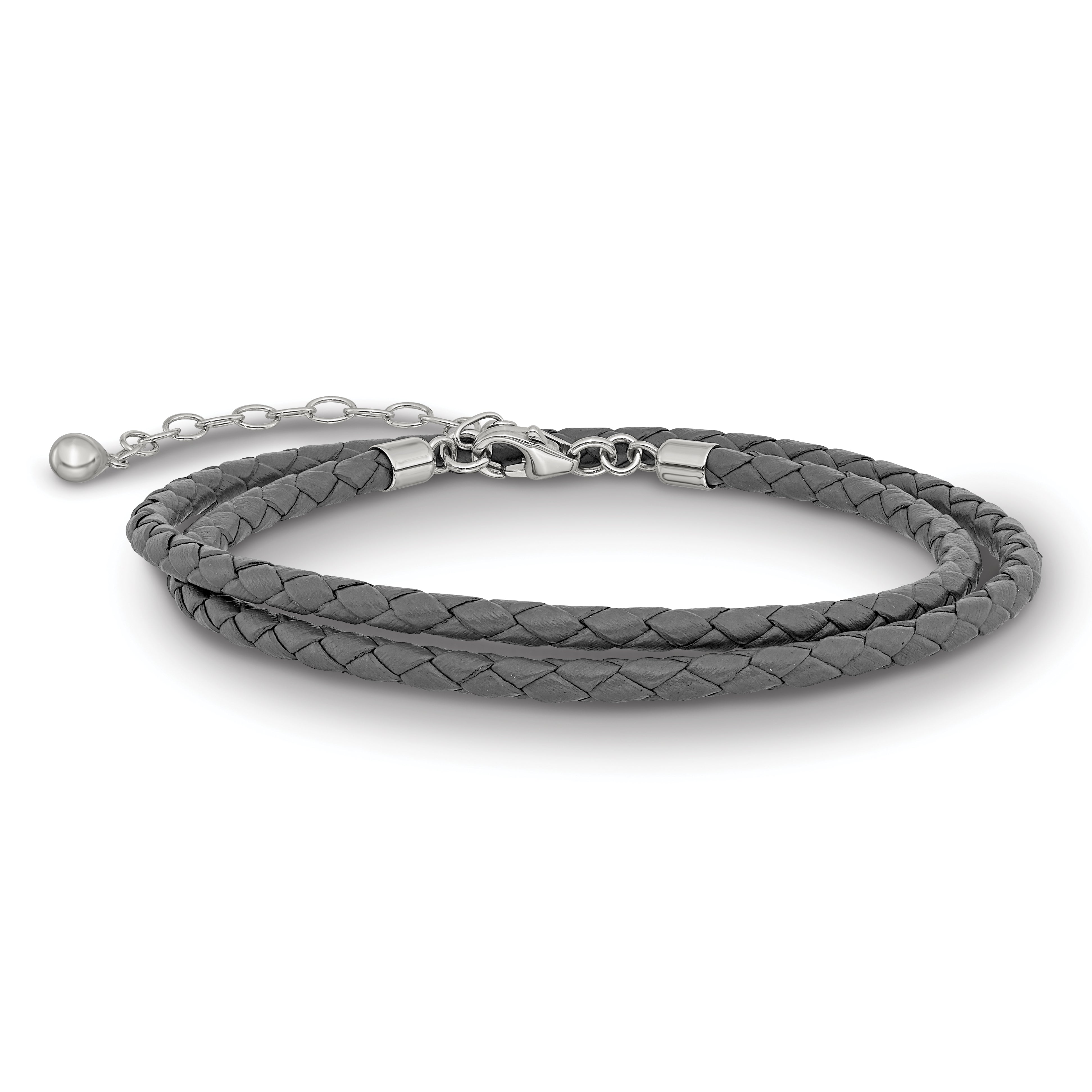 SS Reflections Gray Leather Rh-plated 14in w/2in ext Choker/Wrap Bracelet