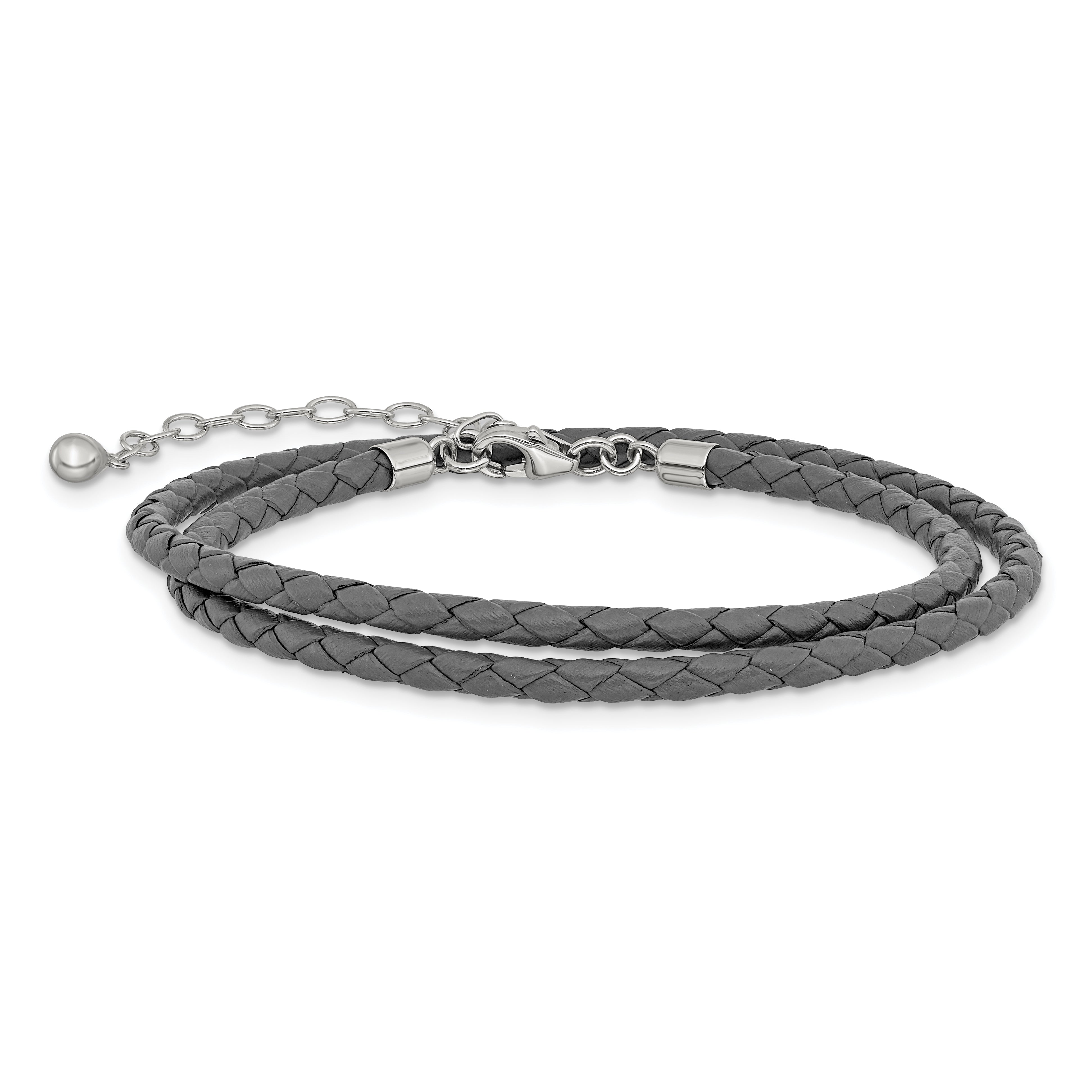 SS Reflections Gray Leather Rh-plated 14in w/2in ext Choker/Wrap Bracelet