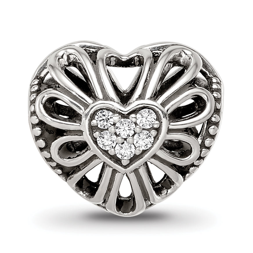 Sterling Silver Reflections Antiqued CZ Heart Bead