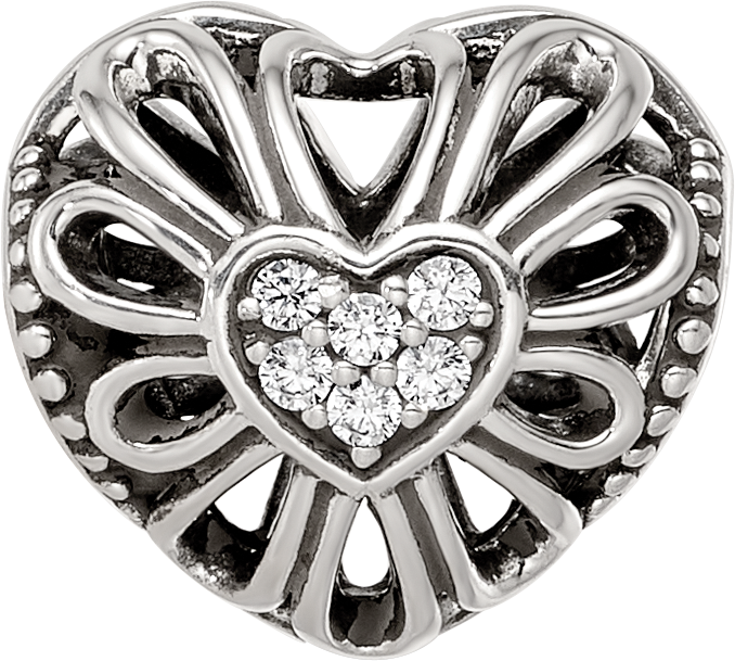 Sterling Silver Reflections Antiqued CZ Heart Bead