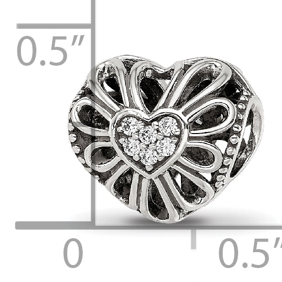 Sterling Silver Reflections Antiqued CZ Heart Bead