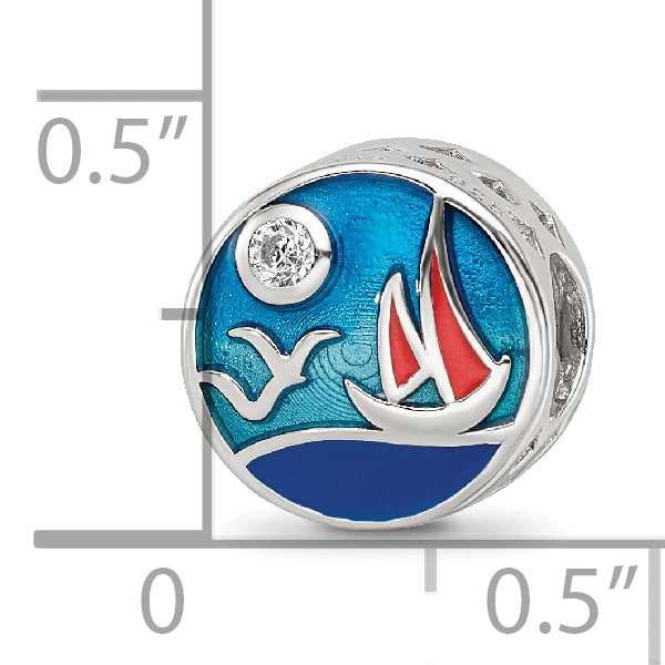 Sterling Silver Reflections Rhod-plated Enamel CZ Ocean Scene Bead