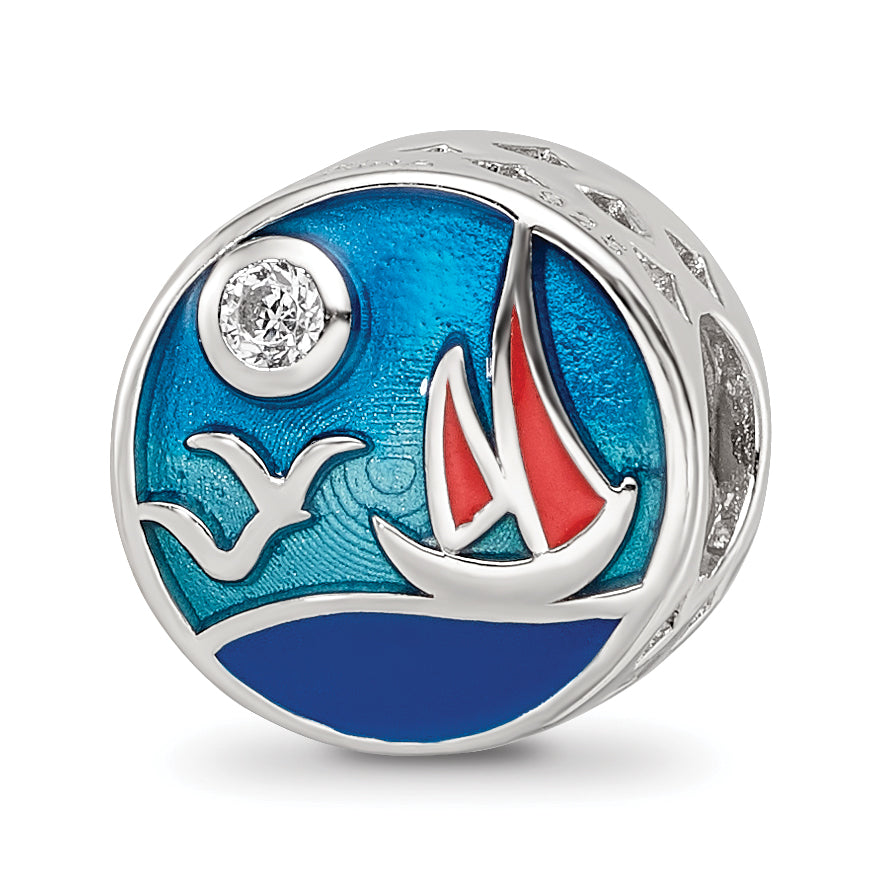 Sterling Silver Reflections Rhod-plated Enamel CZ Ocean Scene Bead