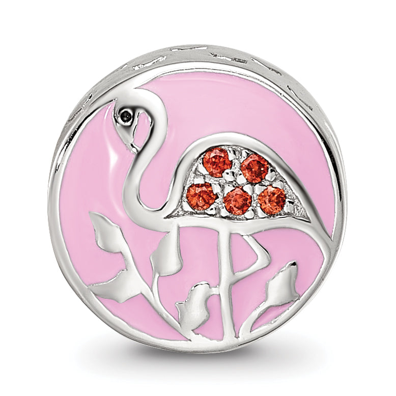 Sterling Silver Reflections Rhodium-plated Enamel CZ Flamingo Bead