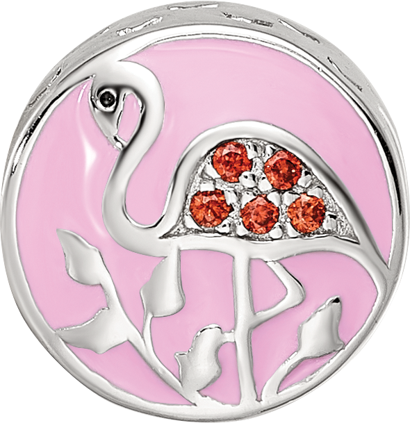 Sterling Silver Reflections Rhodium-plated Enamel CZ Flamingo Bead