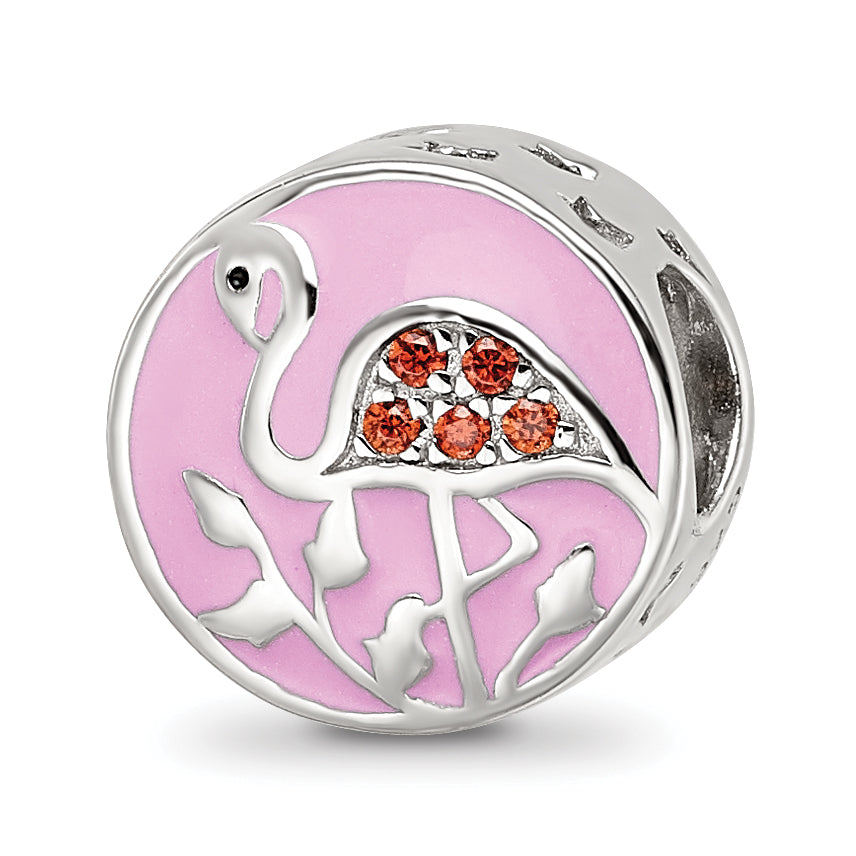 Sterling Silver Reflections Rhodium-plated Enamel CZ Flamingo Bead