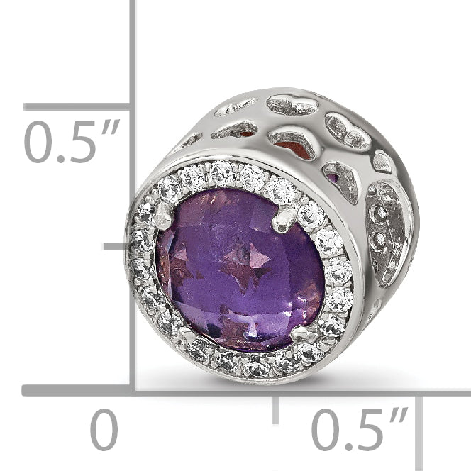 Sterling Silver Reflections Rhodium-plated Purple Glass & CZ Heart Bead