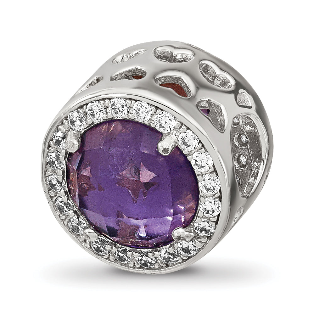 Sterling Silver Reflections Rhodium-plated Purple Glass & CZ Heart Bead