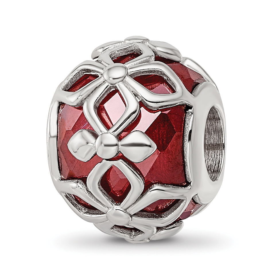 Sterling Silver Reflections Rhodium-plated Red CZ Floral Bead