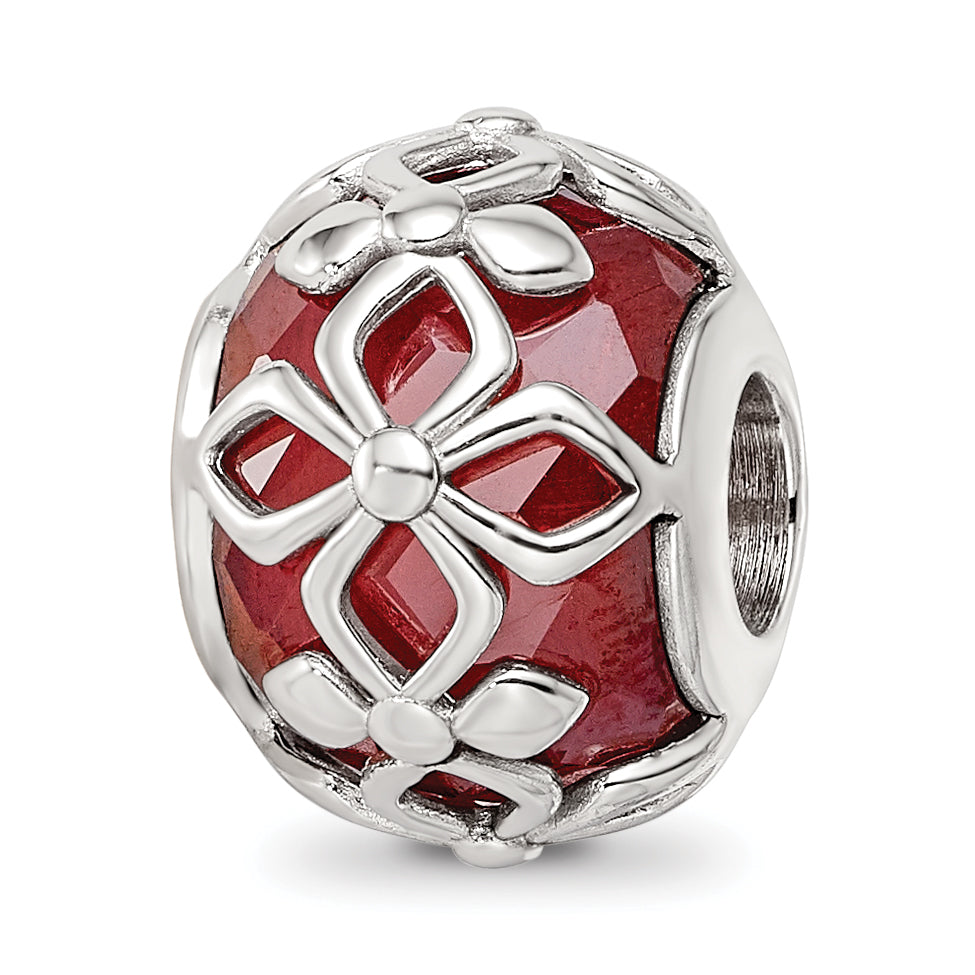 Sterling Silver Reflections Rhodium-plated Red CZ Floral Bead