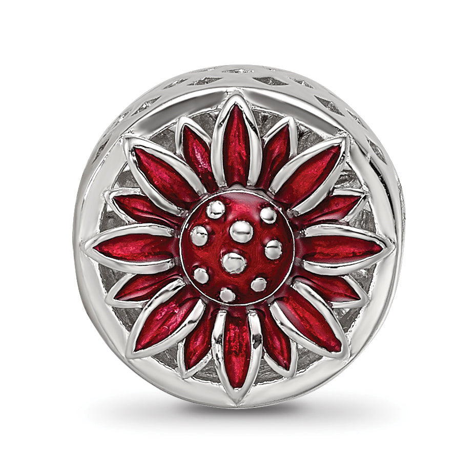 Sterling Silver Reflections Rhodium-plated Red Enamel Flower Bead