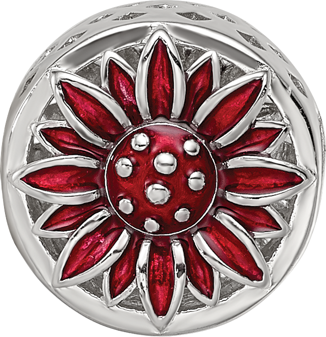 Sterling Silver Reflections Rhodium-plated Red Enamel Flower Bead