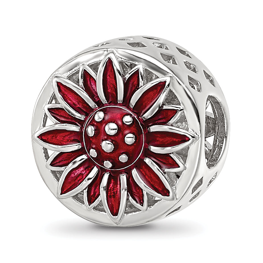 Sterling Silver Reflections Rhodium-plated Red Enamel Flower Bead