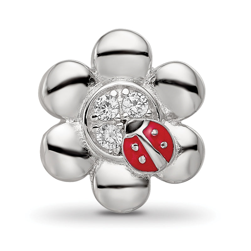 Sterling Silver Reflections Rhod-plated Enameled CZ Ladybug Flower Bead