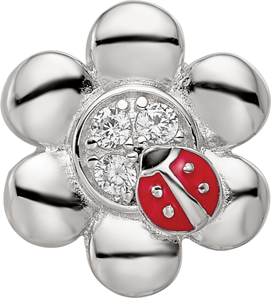 Sterling Silver Reflections Rhod-plated Enameled CZ Ladybug Flower Bead