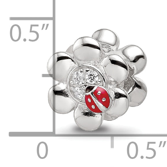 Sterling Silver Reflections Rhod-plated Enameled CZ Ladybug Flower Bead