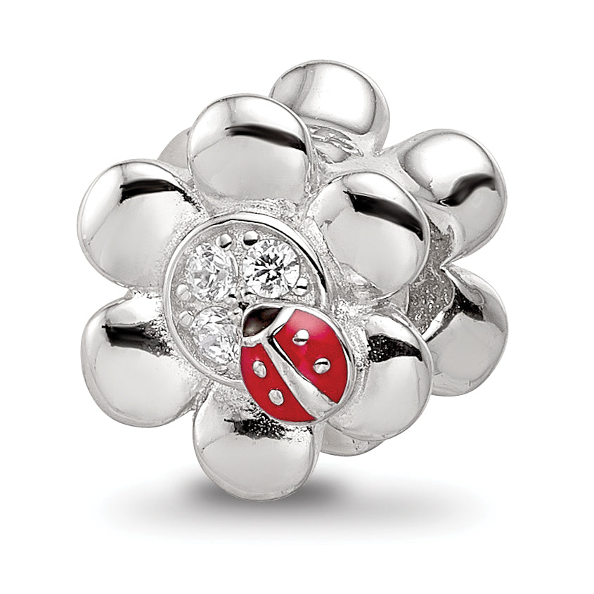 Sterling Silver Reflections Rhod-plated Enameled CZ Ladybug Flower Bead