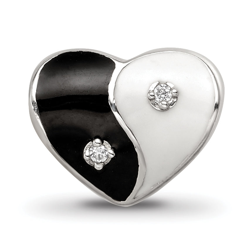 Sterling Silver Reflections Enamel CZ Yin Yang Heart Bead