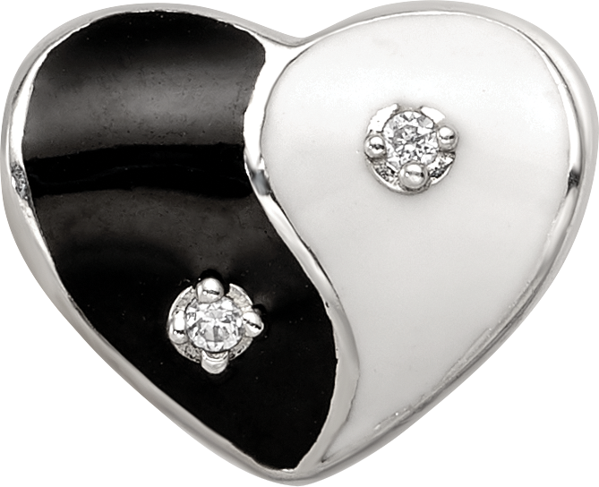 Sterling Silver Reflections Enamel CZ Yin Yang Heart Bead