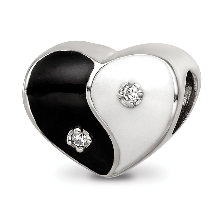 Sterling Silver Reflections Enamel CZ Yin Yang Heart Bead