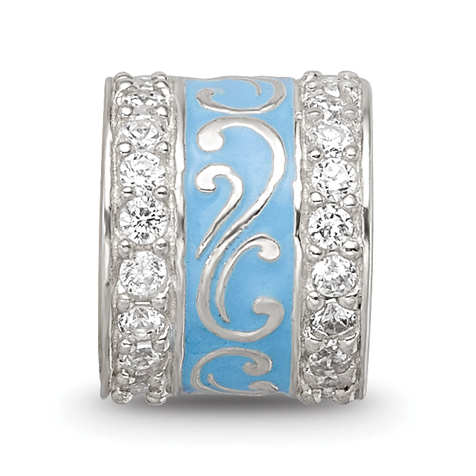 Sterling Silver Reflections Blue Enamel CZ Swirl Design Bead