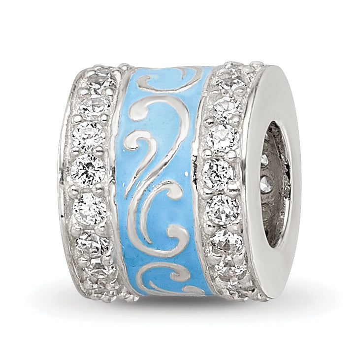 Sterling Silver Reflections Blue Enamel CZ Swirl Design Bead