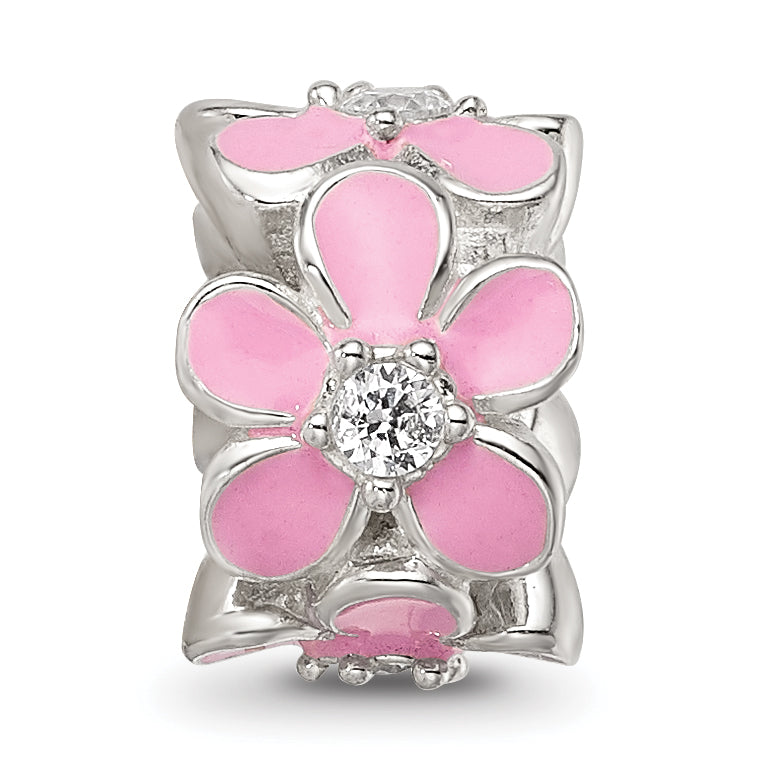 Sterling Silver Reflections Pink Enamel CZ Floral Bead