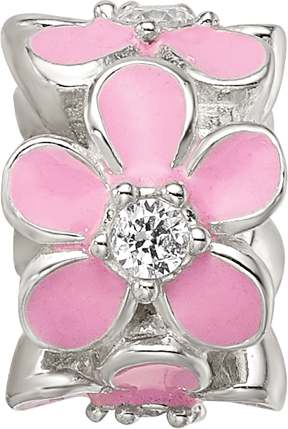 Sterling Silver Reflections Pink Enamel CZ Floral Bead