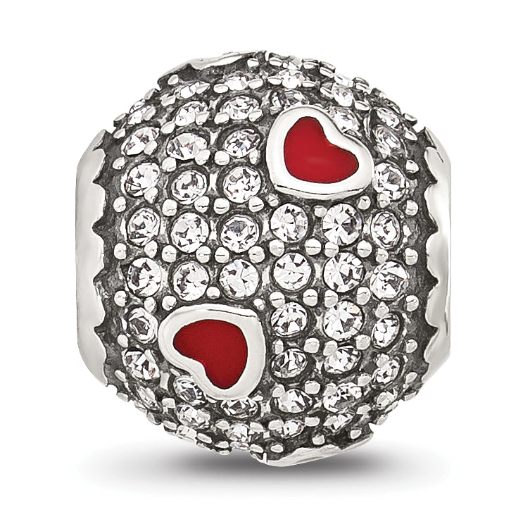 Sterling Silver Reflections CZ and Red Enamel Heart Round Bead