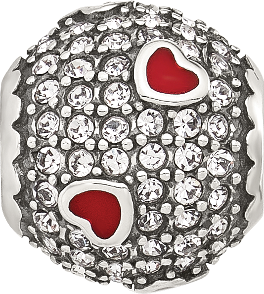 Sterling Silver Reflections CZ and Red Enamel Heart Round Bead