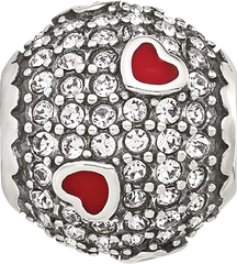 Sterling Silver Reflections CZ and Red Enamel Heart Round Bead