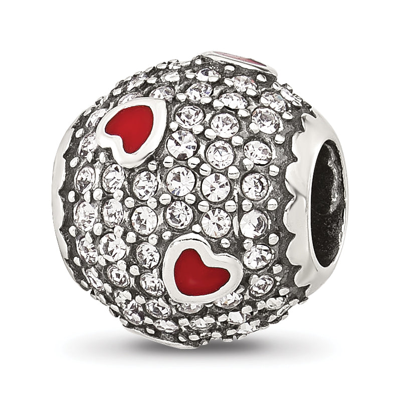 Sterling Silver Reflections CZ and Red Enamel Heart Round Bead