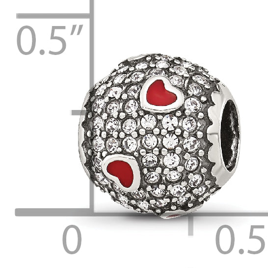 Sterling Silver Reflections CZ and Red Enamel Heart Round Bead