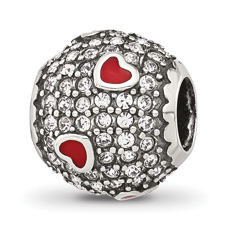 Sterling Silver Reflections CZ and Red Enamel Heart Round Bead