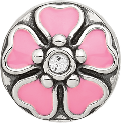 Sterling Silver Reflections Pink Enamel and CZ Flower Bead