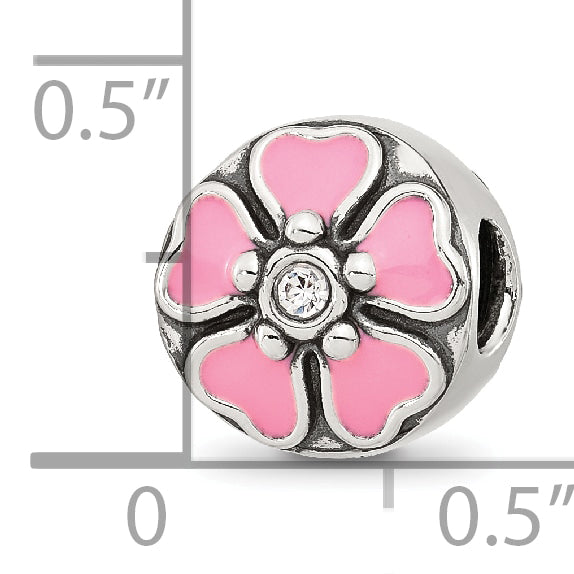 Sterling Silver Reflections Pink Enamel and CZ Flower Bead