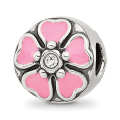 Sterling Silver Reflections Pink Enamel and CZ Flower Bead