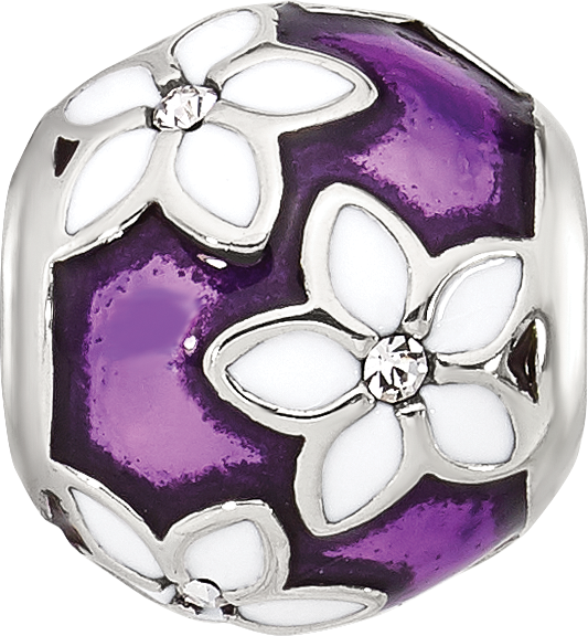 Sterling Silver Reflections Purple and White Enamel and CZ Floral Bead