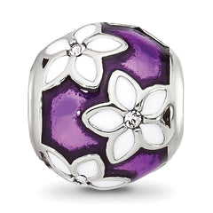 Sterling Silver Reflections Purple and White Enamel and CZ Floral Bead