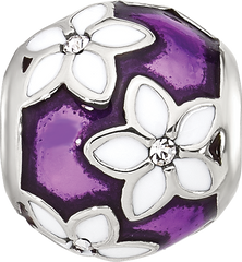 Sterling Silver Reflections Purple and White Enamel and CZ Floral Bead